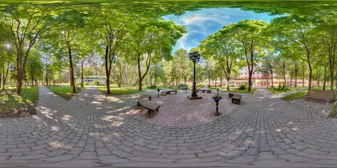 Poster de jardin Nature Full spherical 360 degrees seamless panorama in equirectangular equidistant projection, panorama in park green zone, VR content