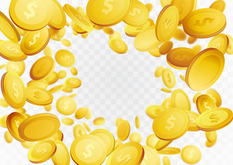 Abstract realistic coin swirl fortune frame background. Casino success golden money or chips hovering in the air