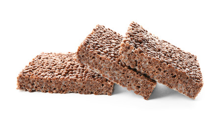 Rice crispy treats on white background