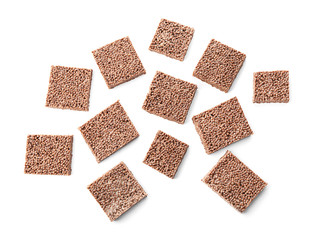 Rice crispy treats on white background