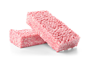 Rice crispy treats on white background