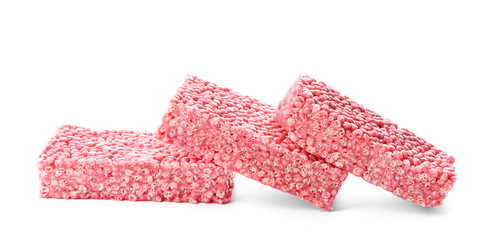 Rice crispy treats on white background