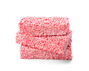 Rice crispy treats on white background
