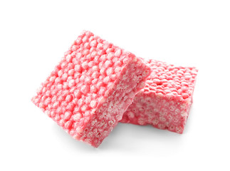 Rice crispy treats on white background