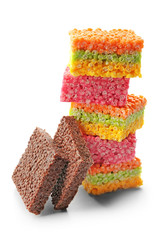 Rice crispy treats on white background