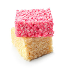 Rice crispy treats on white background