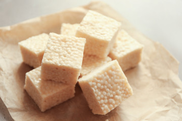 Rice crispy treats on parchment paper