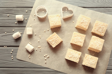 Rice crispy treats on parchment paper