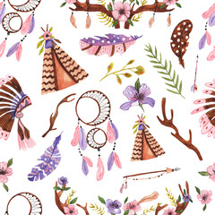 Seamless pattern in boho style. Horns and flowers, feathers, arrows, plants, branches of trees, dream catcher, wigwam. Boho chic background © scarlet_heath