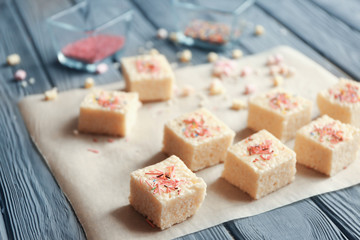 Rice crispy treats on parchment paper