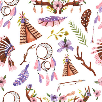 Seamless pattern in boho style. Horns and flowers, feathers, arrows, plants, branches of trees, dream catcher, wigwam. Boho chic background