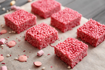 Rice crispy treats on parchment paper