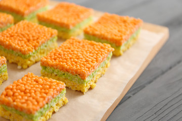 Rice crispy treats on parchment paper