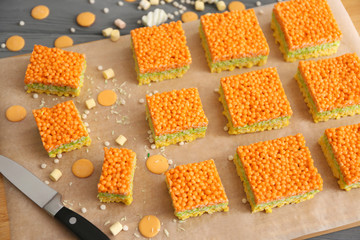 Rice crispy treats on parchment paper