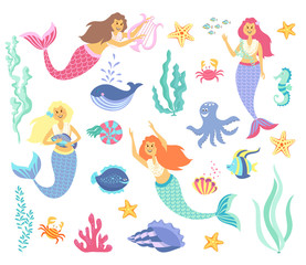 Naklejka premium Kolekcja podwodnego życia. Syrenka, zwierzęta morskie i wodorosty na białym tle