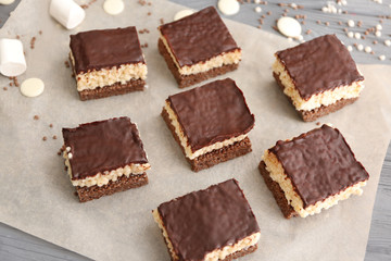 Rice crispy treats on parchment paper