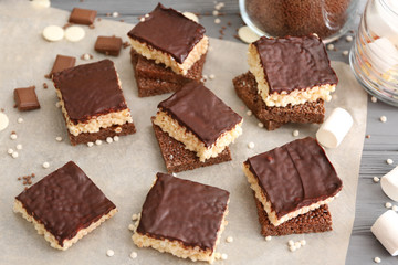 Rice crispy treats on parchment paper