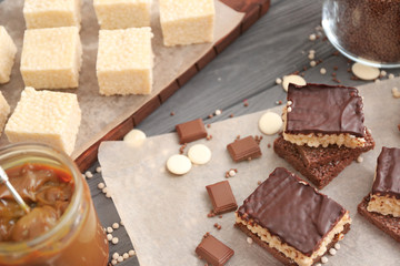 Rice crispy treats on parchment paper