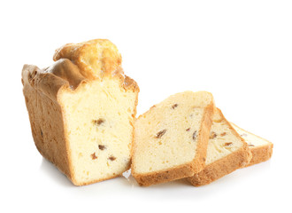 Delicious sliced butter cake on white background