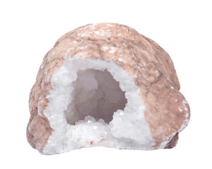 Clear crystal quartz geode with crystalline druzy center isolated on white background