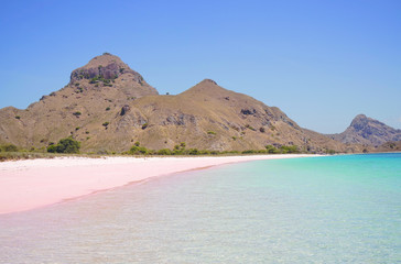 Tropical pink sand beach in Flores caused by peaces of broken red pink colored coral in the ocean during the day.