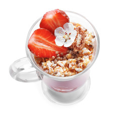 Fototapeta na wymiar Delicious yogurt parfait with strawberry in glass on white background
