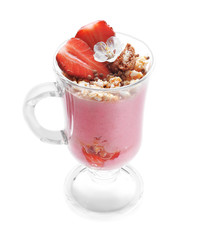 Delicious yogurt parfait with strawberry in glass on white background