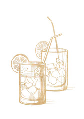 Two glass glasses with ice, lemon, mint leaves and cocktail tubes.