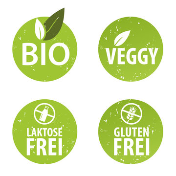 Badges / Buttons / Bio, Veggy, Glutenfrei, vegetarisch, Laktosefrei
