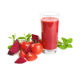 Glass of fresh vegetable smoothie on white background