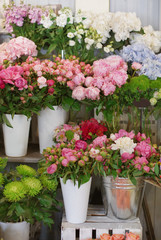 Fototapeta na wymiar Beautiful peonies and other flowers in shop