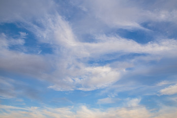 Russia, time lapse. Formation and rapid movement of white clouds of different shapes in the blue sky in late spring at sunset.