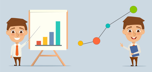 business man with business graph presentation background. illustration vector of cartoon.