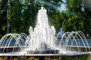 A fountain sparkling in the evening sun in the city Park.