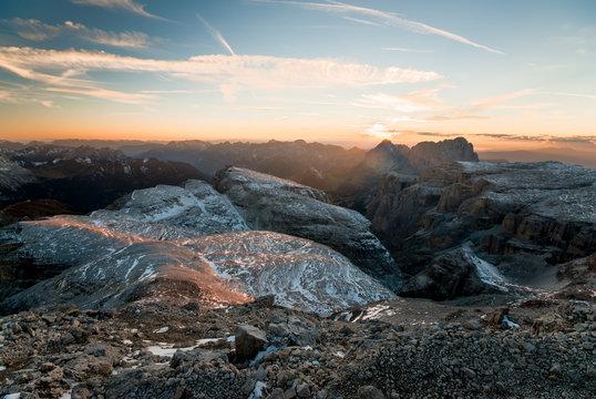 Dolomites, Italy: Mountain panorama at Sunset from Piz Boe