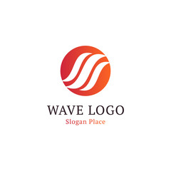 Wavy wave in round shape, red and blue feather logos. Isolated abstract decorative logo set, design element template on white background