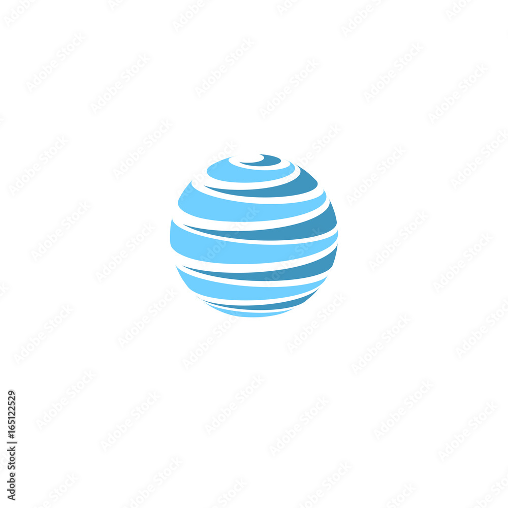 Poster abstract blue global planet stripped vector logos template. rotating blue strips, circular planet in
