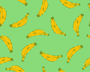 Seamless vector pattern of yellow bananas on a blue background. Yellow fruit.