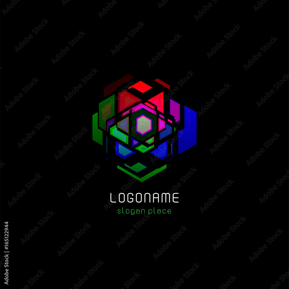 Poster futuristic reactor abstract colorful vector logo template. innovative technologies digital design ef