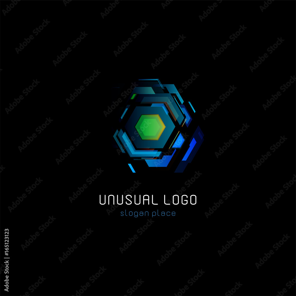 Poster futuristic reactor abstract colorful vector logo template. innovative technologies digital design ef