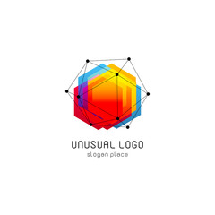 Bright colorful abstract poly construction logotype, unusual innovate design logo template, isolated polygon shape, spiderweb from black lines with dots on corners, illustration on white background