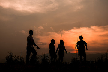Fototapeta na wymiar Group of happy children playing on meadow at sunset