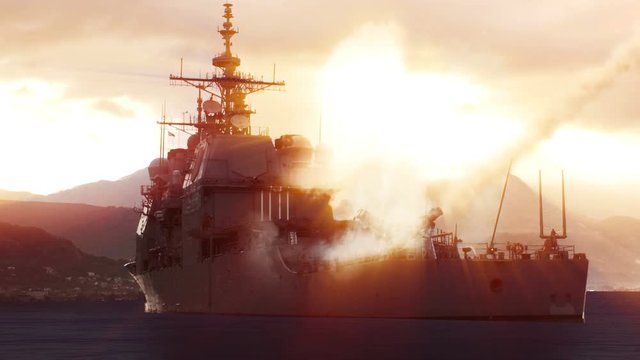 3D animation of a naval vessel firing a missile.