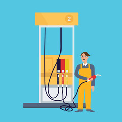 male employee standing in gas station holding fuel nozzle petrol occupation working job as attendant