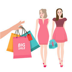 two girls friends walking shopping bring bag big sale customer illustration