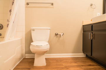 Close-up of white flush toilet bowl with shower curtain, tub and empty roll on toilet paper holder....