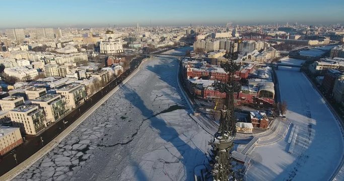 Aerial view on the frozen Moscow River whit monument Peter 1 4K DCI