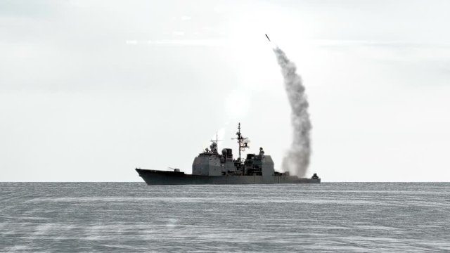 3D animation of a naval vessel firing a missile.