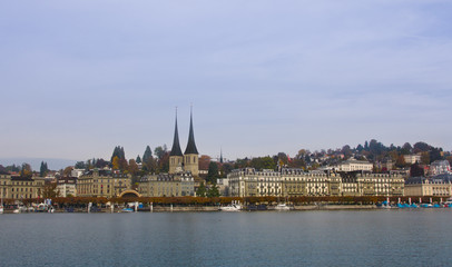 Fototapeta na wymiar View of the Lucerne city from cruise on the lake Lucerne Switzerland