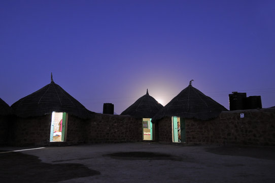 Moonlit desert huts,Jaisalmer,Rajasthan
